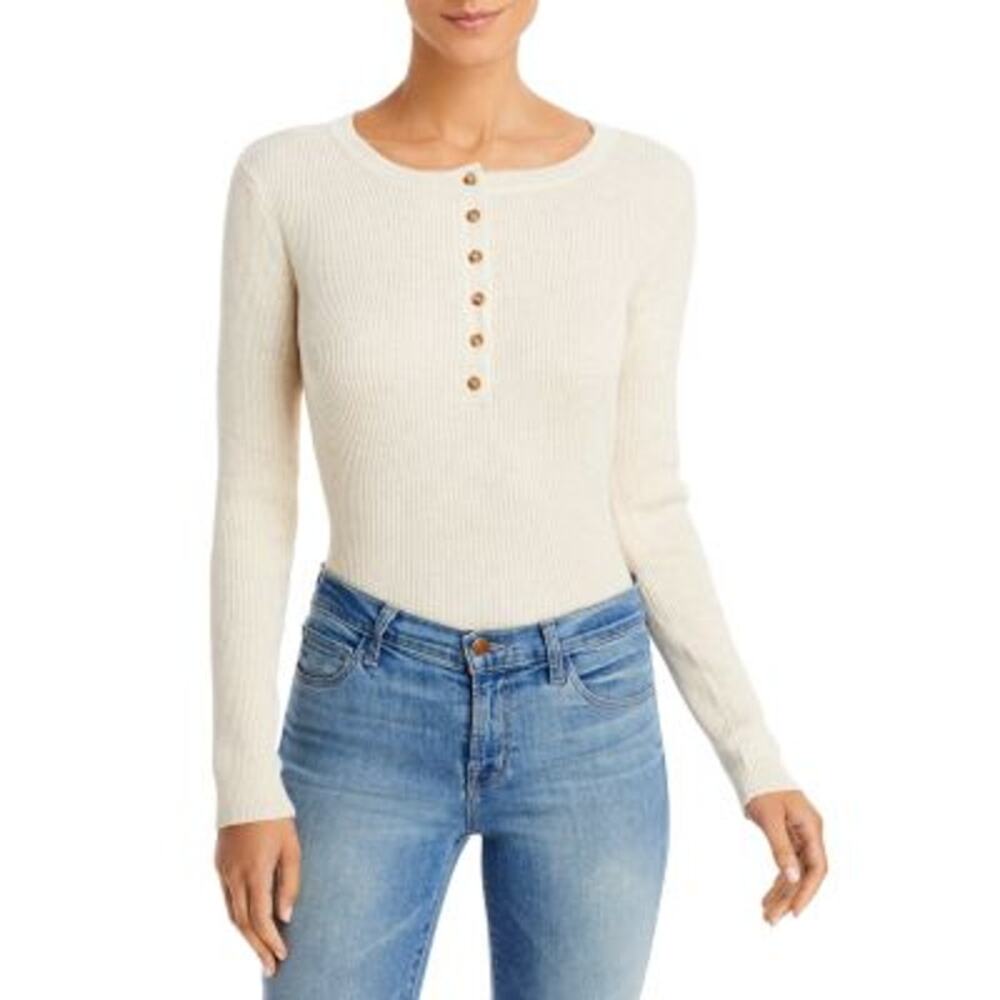 AQUA Women's Oatmeal Beige Ribbed Long Sleeve Button Up Bodysuit, Size XL